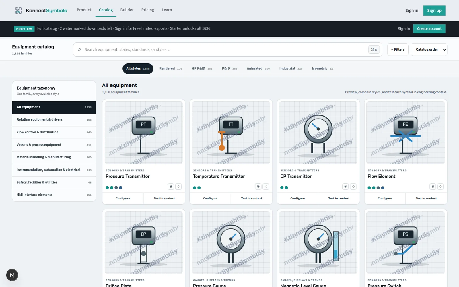 KonnectSymbols catalog workspace showing equipment families and style packs