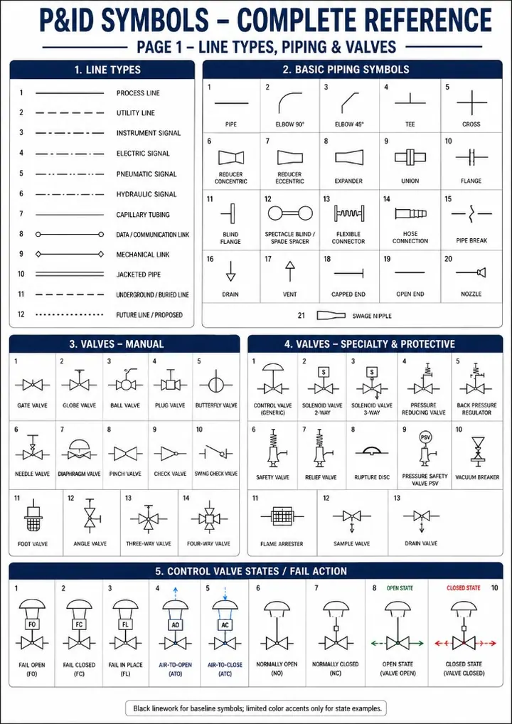KonnectSymbols P&ID reference for line types, piping symbols, valves, and fail actions